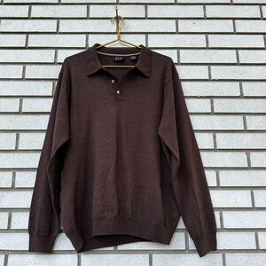 Jos A Bank Merino Wool Long Sleeve Polo Sweater Brown Knit Pullover Large